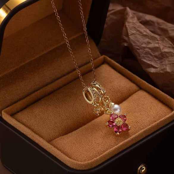 Wholesale Women's Copper O Word Chain Flower Shaped Mixed Gemstone Setting Electroplated Zircon Necklace