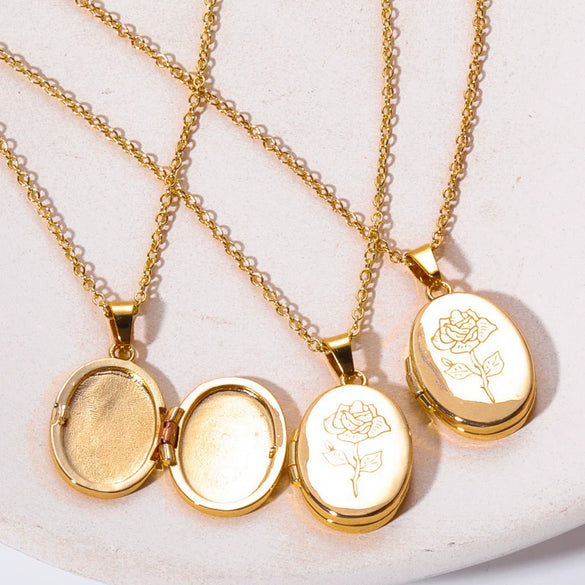 Wholesale Women's Copper Ochain Retro Plant Flowers Geometric Open And Close Photo Frame Photo Box Necklace With Electroplating