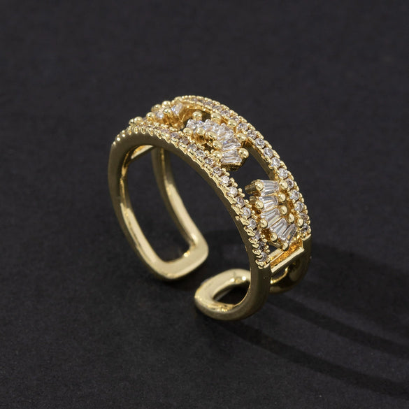 Wholesale Women's Copper Open Ring With Vintage Carved Geometric Pattern And Microinlaid Diamond Electroplated