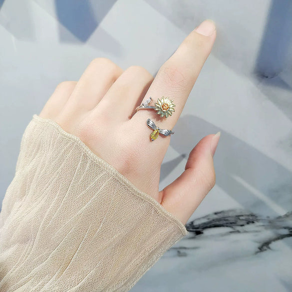 Wholesale Women's Copper Open Rotating Sunflower And Daisy Ring With Electroplating In Plants And Flowers Style