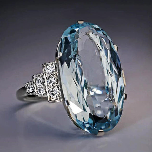 Wholesale Women's Copper Oval Blue Crystal Ring With Inlaid Zircon And Geometric Design