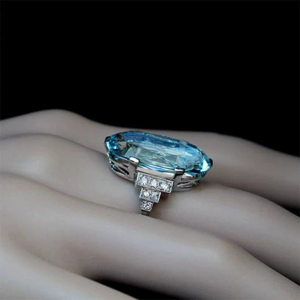 Wholesale Women's Copper Oval Blue Crystal Ring With Inlaid Zircon And Geometric Design