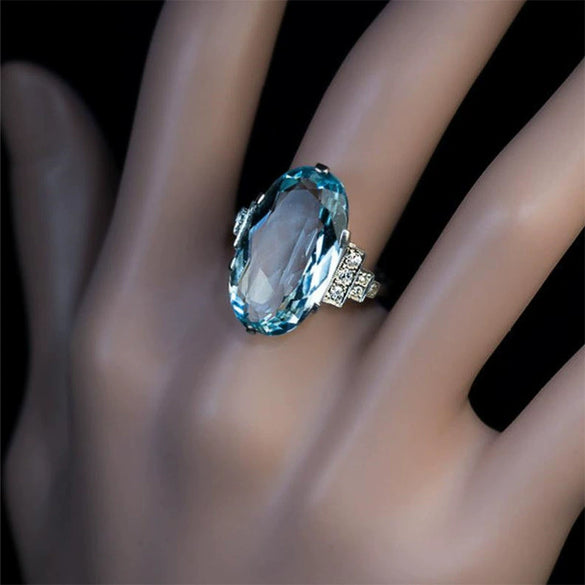 Wholesale Women's Copper Oval Blue Crystal Ring With Inlaid Zircon And Geometric Design