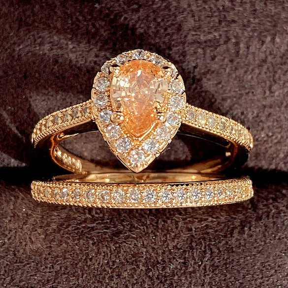 Wholesale Women's Copper Plated Champagne Gold Ring With Single Row Micro Inlaid Water Drop Zircon