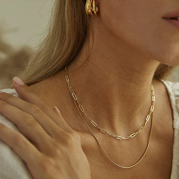 Wholesale Women's Copper Plated Real Gold Colorfree Geometric Overlapping Collarbone Chain Necklace
