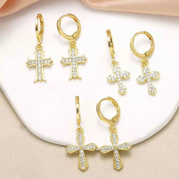 Wholesale Women's Copper Plated Real Gold Geometric Cross Pendant Earrings With Full Zircon Electroplating