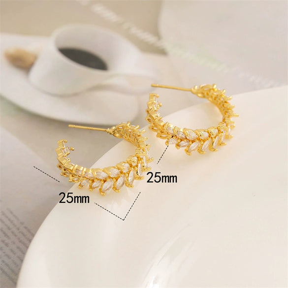 Wholesale Women's Copper Plated Real Gold Wheat Ear Cshaped Hoop Earrings With Diamond And Branch Leaf Design Polish Finish