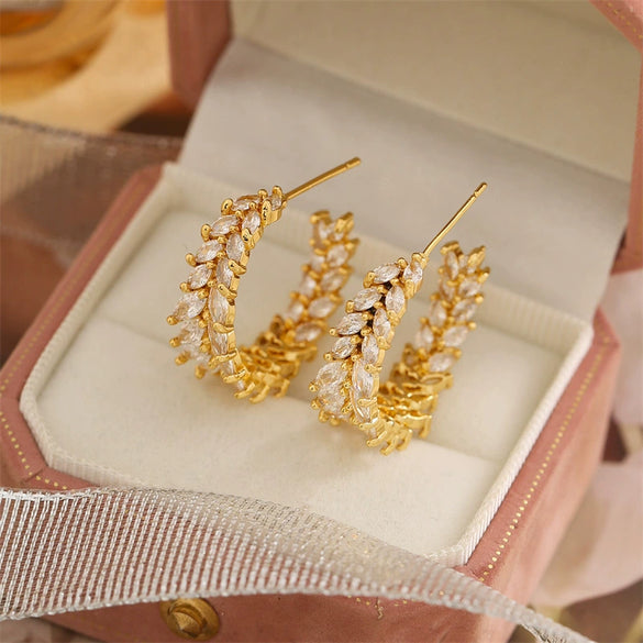 Wholesale Women's Copper Plated Real Gold Wheat Ear Cshaped Hoop Earrings With Diamond And Branch Leaf Design Polish Finish
