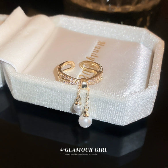 Wholesale Women's Copper Real Gold Electroplated Geometric Zircon Pearl Tassel Doublelayer Opening Ring
