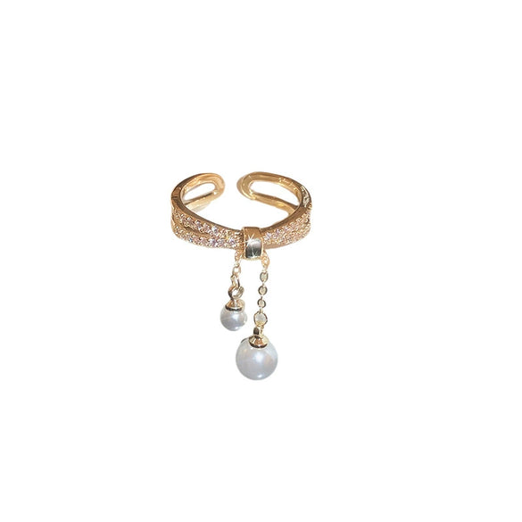 Wholesale Women's Copper Real Gold Electroplated Geometric Zircon Pearl Tassel Doublelayer Opening Ring