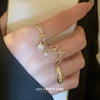 Wholesale Women's Copper Real Gold Electroplated Geometric Zircon Pearl Tassel Doublelayer Opening Ring