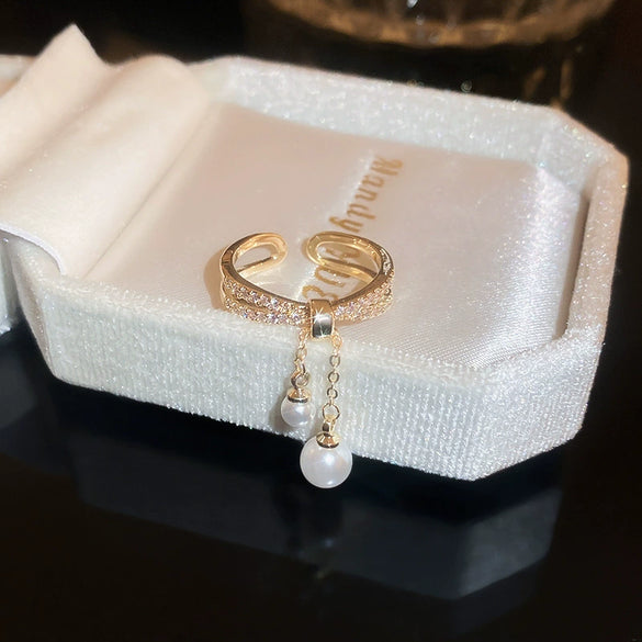 Wholesale Women's Copper Real Gold Electroplated Geometric Zircon Pearl Tassel Doublelayer Opening Ring