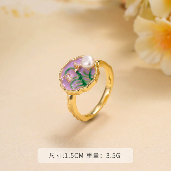 Wholesale Women's Copper Real Pearl Butterfly Ring With Geometric And Insect Pattern Electroplated