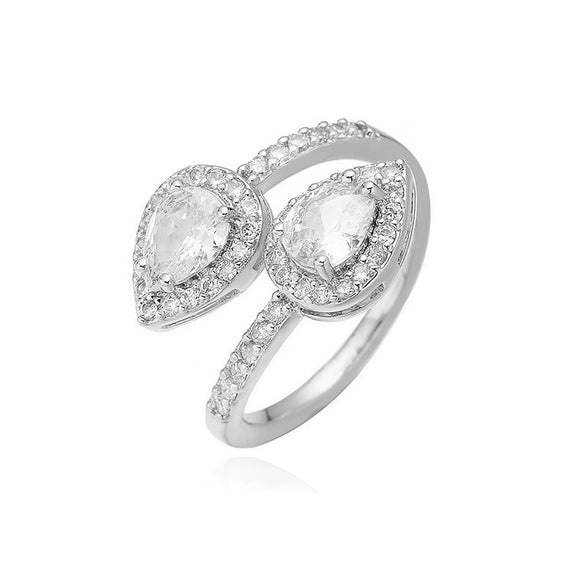 Wholesale Women's Copper Ring Inlaid With Zirconia Snakeshaped Geometric Double Water Drop Design