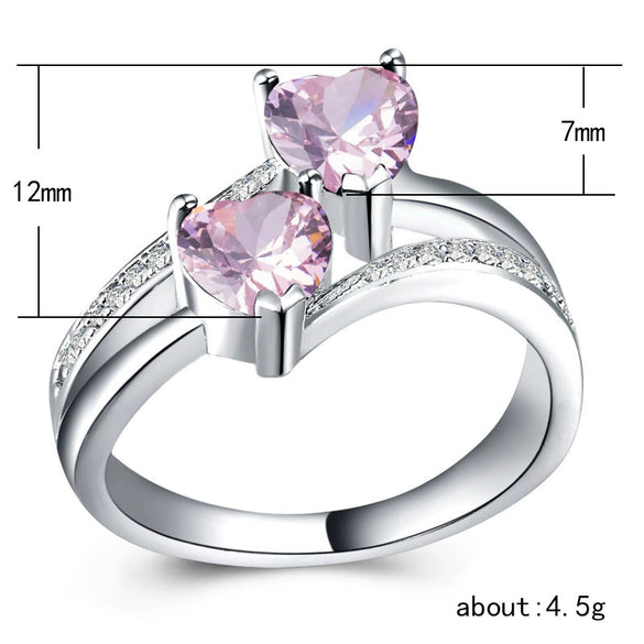 Wholesale Women's Copper Ring With Double Heart Shape And Inlaid Zircon Platinum Plated