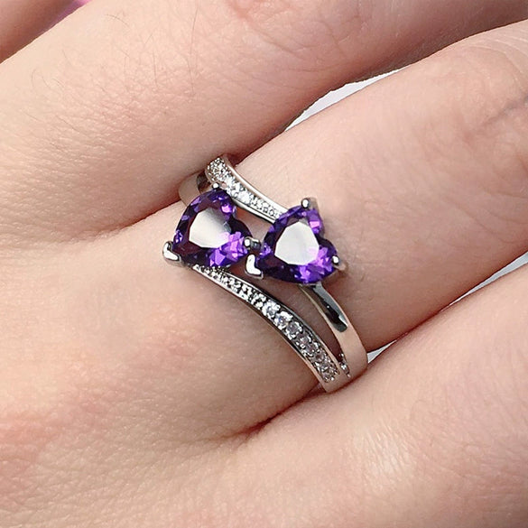 Wholesale Women's Copper Ring With Double Heart Shape And Inlaid Zircon Platinum Plated