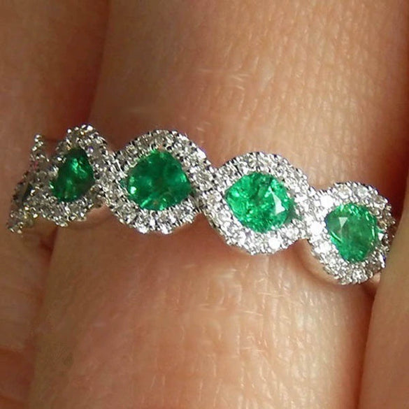 Wholesale Women's Copper Ring With Emerald Zircon Ruby Strip And Wave Pattern