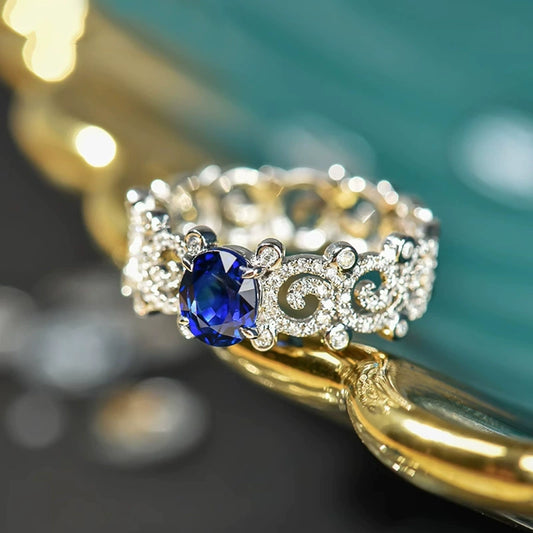 Wholesale Women's Copper Ring With Geometric Leaves Vine Pattern And Imitation Sapphire And Zircon