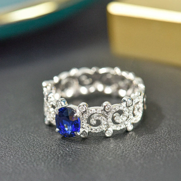 Wholesale Women's Copper Ring With Geometric Leaves Vine Pattern And Imitation Sapphire And Zircon