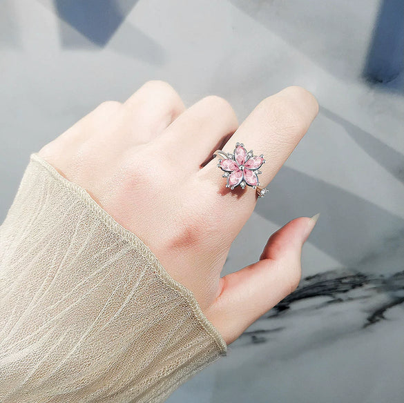 Wholesale Women's Copper Rotating Flower Decompression Antianxiety Ring Set With Pink Zircon And Electroplating Treatment