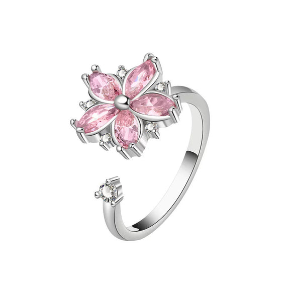Wholesale Women's Copper Rotating Flower Decompression Antianxiety Ring Set With Pink Zircon And Electroplating Treatment