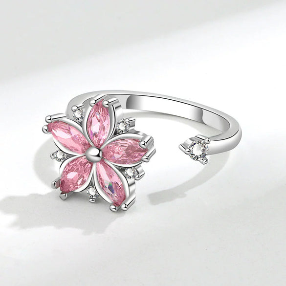 Wholesale Women's Copper Rotating Flower Decompression Antianxiety Ring Set With Pink Zircon And Electroplating Treatment