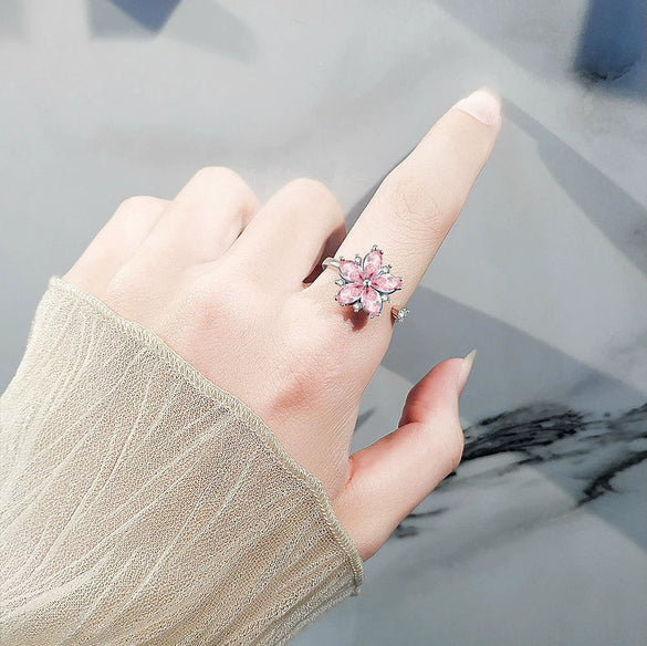 Wholesale Women's Copper Rotating Flower Decompression Antianxiety Ring Set With Pink Zircon And Electroplating Treatment