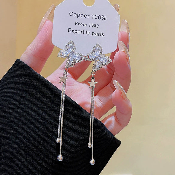 Wholesale Women's Copper 925 Silver Zircon Inlaid Butterfly Animals Zodiac Tassel Earrings