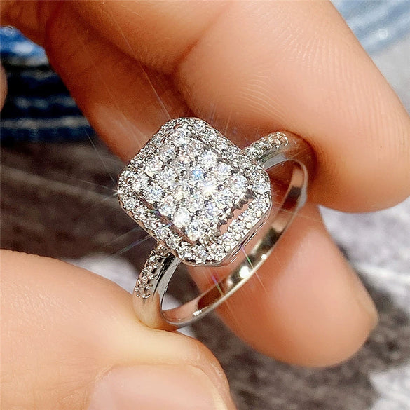 Wholesale Women's Copper Silverplated Ring With Full Diamond Zircon And Geometric Design
