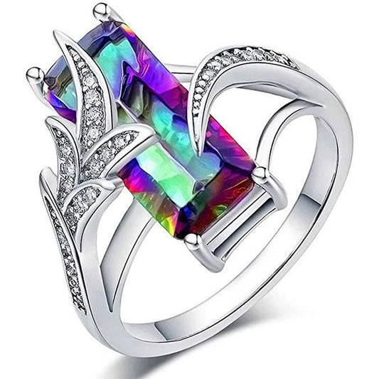 Wholesale Women's Copper Square Ring Inlaid With Rainbow Gemstone And Zircon