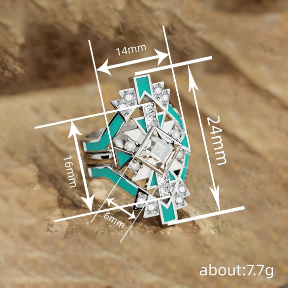 Wholesale Women's Copper Threepiece Ring Set Futuristic Techinspired With Rhombus Geometric Design Set With Zirconia
