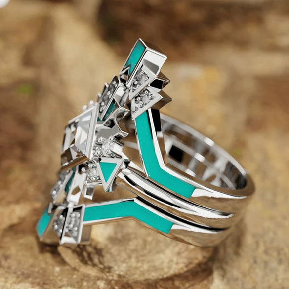 Wholesale Women's Copper Threepiece Ring Set Futuristic Techinspired With Rhombus Geometric Design Set With Zirconia
