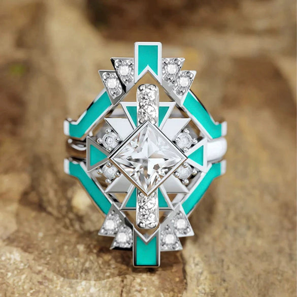 Wholesale Women's Copper Threepiece Ring Set Futuristic Techinspired With Rhombus Geometric Design Set With Zirconia