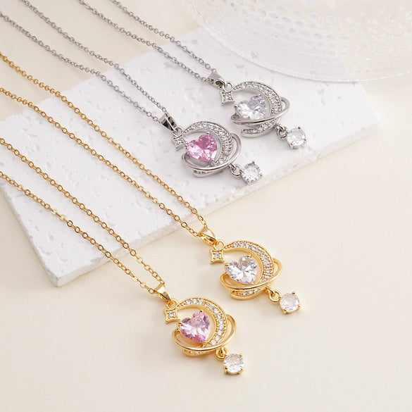Wholesale Women's Copper Titanium Steel Heart Shape Pendant Necklace With Mixed Gemstone Inlay Electroplating Light Luxury Style O Chain