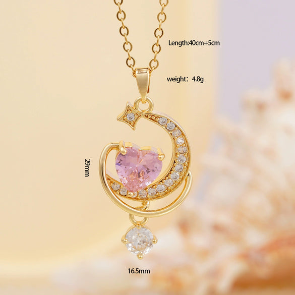 Wholesale Women's Copper Titanium Steel Heart Shape Pendant Necklace With Mixed Gemstone Inlay Electroplating Light Luxury Style O Chain