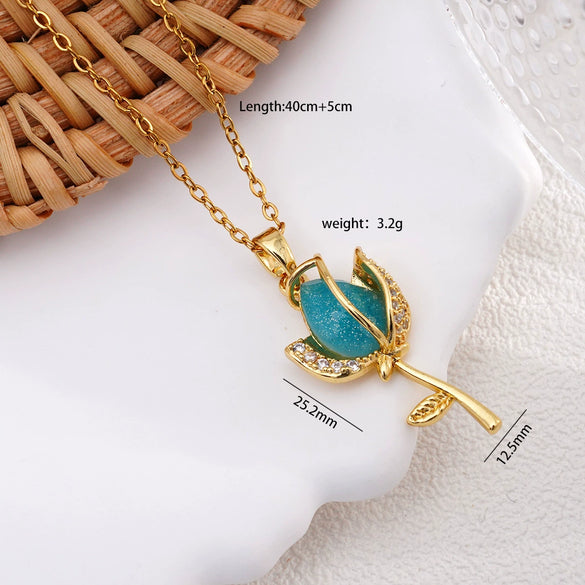 Wholesale Women's Copper Titanium Steel Necklace With Mixed Gemstone Inlay Tulip Pendant And Electroplating Treatment Light Luxury Style