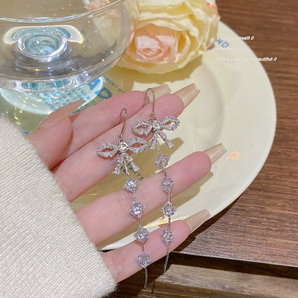Wholesale Women's Copper Zircon Bow Long Tassel Earrings