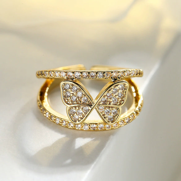Wholesale Women's Copper Zircon Butterfly Opening Ring With Microinlay And Geometric Design