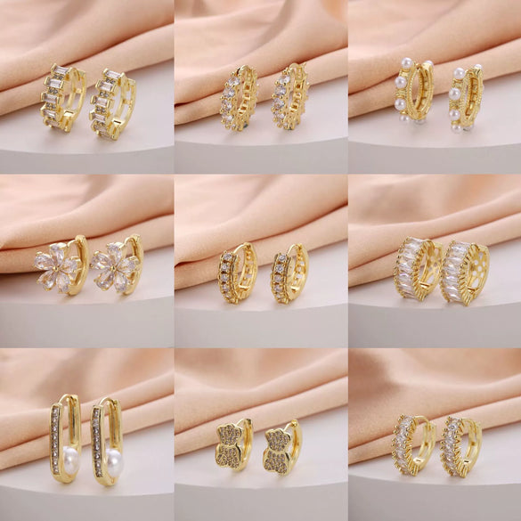 Wholesale Women's Copper Zircon Earrings With Animal Zodiac Flower Bow Geometric Patterns Electroplated Real Gold