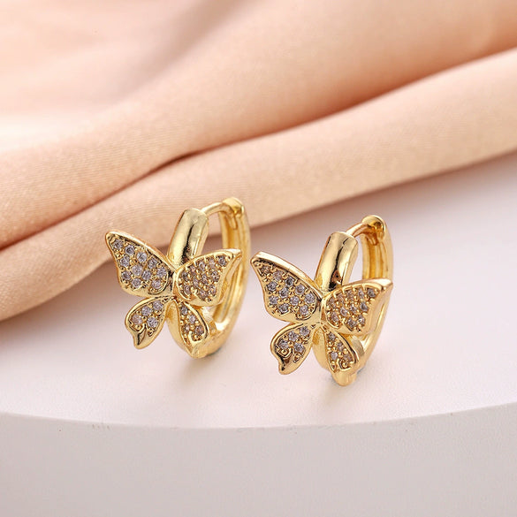 Wholesale Women's Copper Zircon Earrings With Animal Zodiac Flower Bow Geometric Patterns Electroplated Real Gold