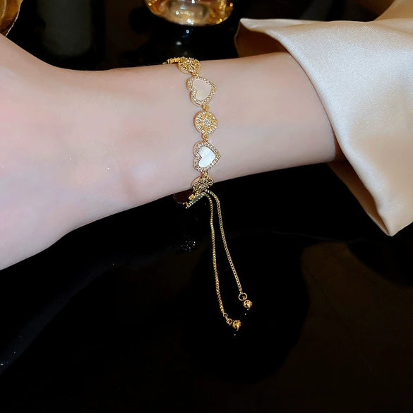 Wholesale Women's Copper Zircon Heart Shape Love Adjustable Bracelet With Real Gold Electroplated Fashion Light Luxury Design