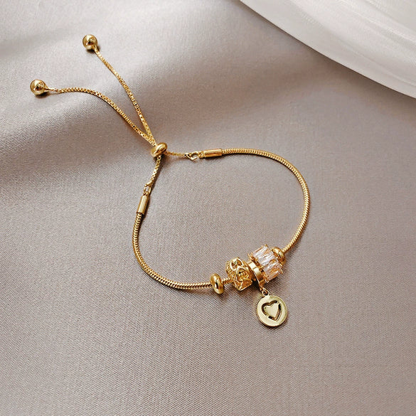 Wholesale Women's Copper Zircon Heart Shape Love Adjustable Bracelet With Real Gold Electroplated Fashion Light Luxury Design