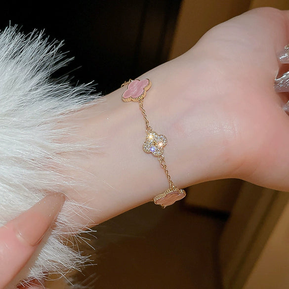 Wholesale Women's Copper Zircon Inlaid Fourpetal Flower Geometric Sweet Style Bracelet Real Gold Electroplated
