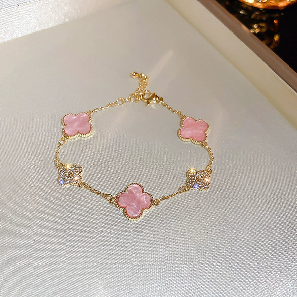Wholesale Women's Copper Zircon Inlaid Fourpetal Flower Geometric Sweet Style Bracelet Real Gold Electroplated