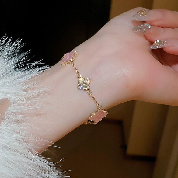 Wholesale Women's Copper Zircon Inlaid Fourpetal Flower Geometric Sweet Style Bracelet Real Gold Electroplated