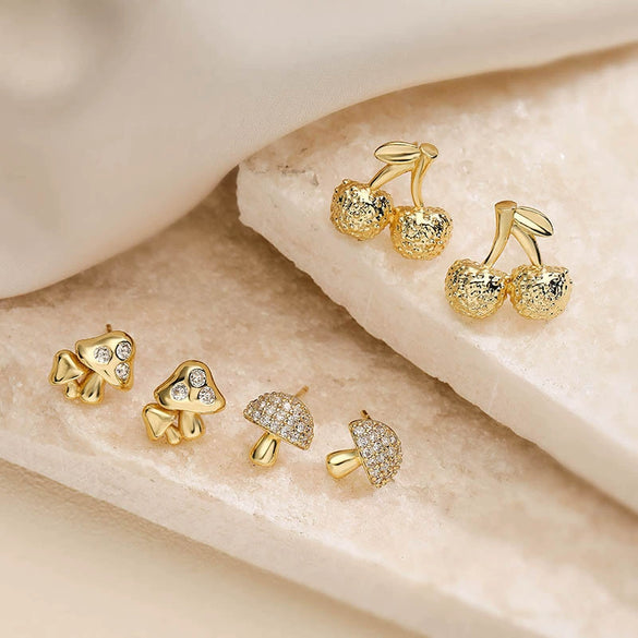 Wholesale Women's Copper Zircon Mushroom And Fruit Cherry Geometric Earrings