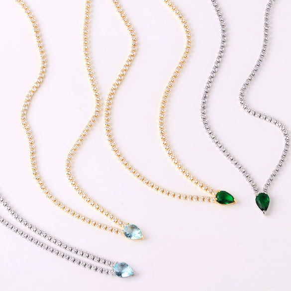 Wholesale Women's Copper Zircon Water Drop Geometric High Sense Electroplated Bracelet And Pendant Necklace Twopiece Set With Melon Seed Chain
