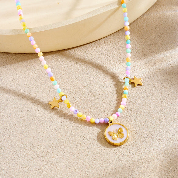 Wholesale Women's Creamy Sweet Girl Style Insect Pattern Stainless Steel Electroplated Beaded Chain Necklace With Round Oil Drop Butterfly Pendant