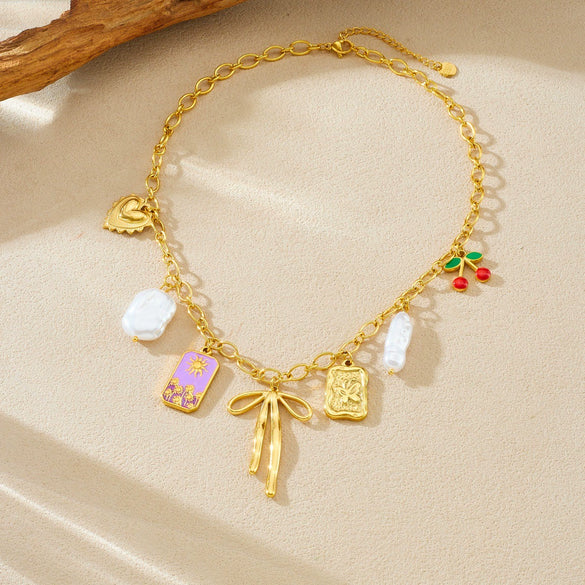 Wholesale Women's Creamy Sweet Style Bow Tie Pattern Square Goldplated Stainless Steel Pendant Necklace With O Word Chain