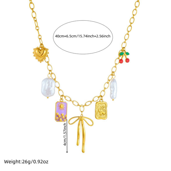Wholesale Women's Creamy Sweet Style Bow Tie Pattern Square Goldplated Stainless Steel Pendant Necklace With O Word Chain
